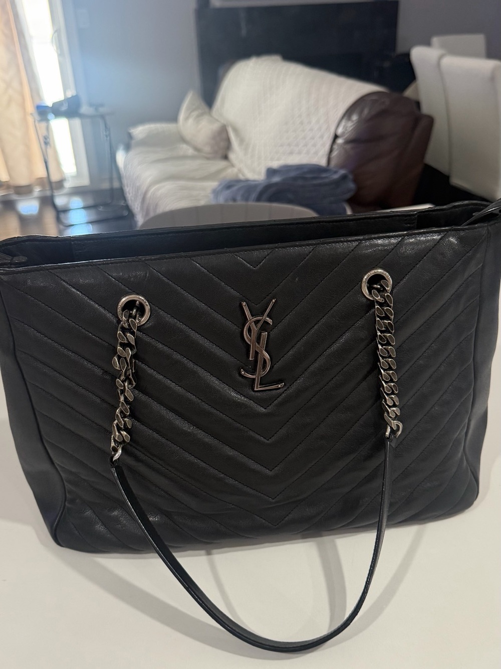 Saint Laurent Black Quilted Leather Tote with Chain Straps